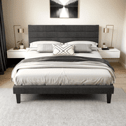 Queen Size Upholstered Platform Bed Frame, Dark Gray Linen-Like Fabric with Horizontal Stripe Tufted Headboard, Adjustable Height, No Box Spring Needed