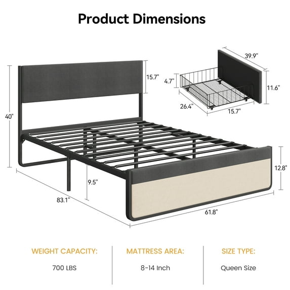 Queen Size Upholstered Platform Bed Frame with Headboard & 2 Storage Drawers, Queen Mattress Foundation with Steel Slats Support, No Box Spring Needed, Easy Assembly