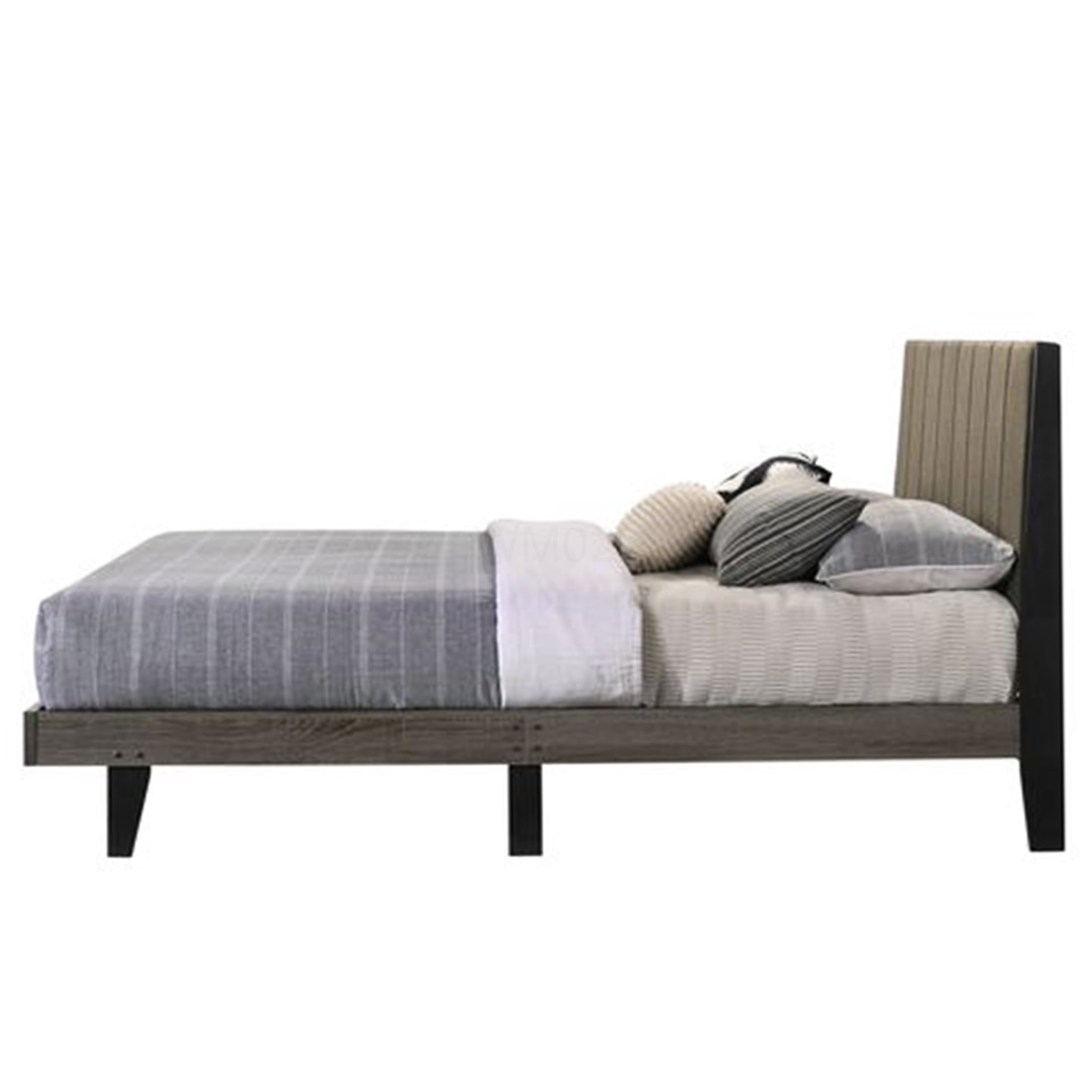 Queen Size Upholstered Platform Bed Frame with Headboard, Brown Fabric Low Profile Design, No Box Spring Needed, Sturdy Wood Slat Support, Easy Assembly