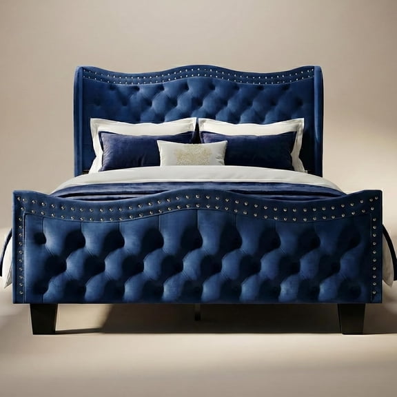 Queen Size Upholstered Platform Bed Frame with Headboard Footboard with 50 Inch High Wingback Button Tufted Design, Navy Blue Velvet, Sturdy Construction, No Box Spring Required, Noise Free