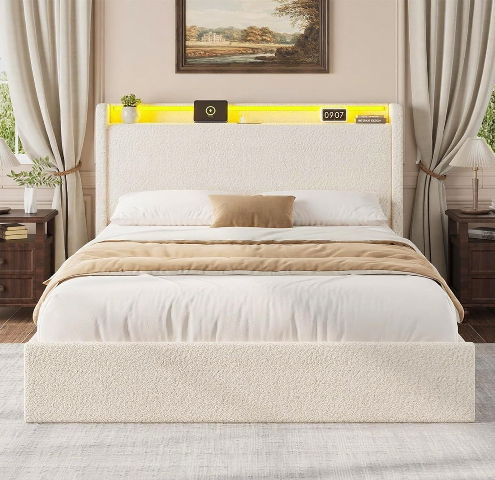 Queen Size Upholstered Platform Bed Frame with LED Lights, Includes 4 Storage Drawers & Headboard with Charging Station, Solid Wood Slat Support, No Box Spring Needed, in Cream
