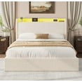 thumbnail image 1 of Queen Size Upholstered Platform Bed Frame with LED Lights, Includes 4 Storage Drawers & Headboard with Charging Station, Solid Wood Slat Support, No Box Spring Needed, in Cream, 1 of 8