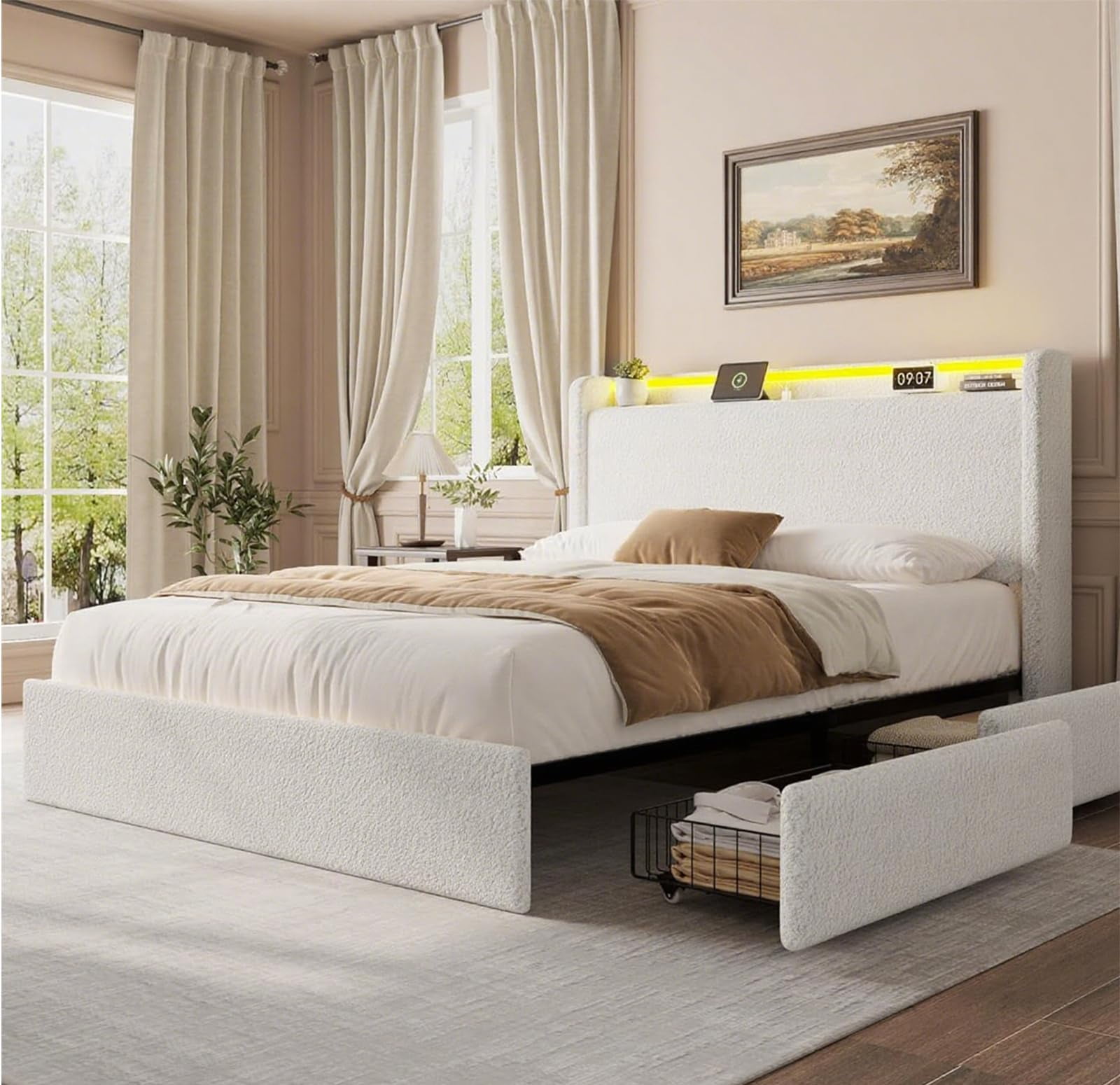 Queen Size Upholstered Platform Bed Frame with LED Lights, Includes 4 Storage Drawers & Headboard with Charging Station, Solid Wood Slat Support, No Box Spring Needed, in White