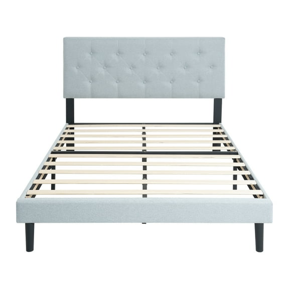 Queen Size Upholstered Platform Bed Frame with Modern Button Tufted Linen Fabric Headboard, No Box Spring Needed, Wood Slat Support, Easy Assembly, Dark Grey