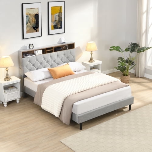 Queen-Size Upholstered Platform Bed Frame with a Modern Button-Tufted Linen Fabric Headboard,USB Ports,Convenient Charging Station,two side-mounted pockets,not require a box spring,Light Grey