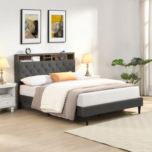 Queen-Size Upholstered Platform Bed Frame with a Modern Button-Tufted Linen Fabric Headboard,USB Ports,Convenient Charging Station,two side-mounted pockets,not require a box spring, Dark Grey