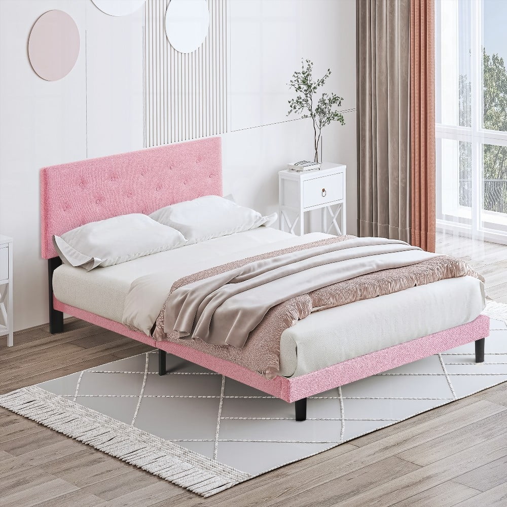 Queen Size Upholstered Platform Bed Frame in Pink with Modern Button ...