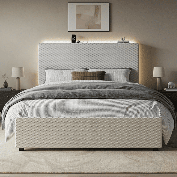 Queen Size Upholstered Platform Bed Frame with Storage Headboard, LED Lights, and Charging Station - Heavy Duty Design with High Footboard, Easy Assembly, White