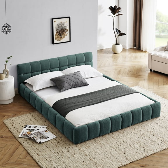 Queen Size Upholstered Platform Bed Frame - Thick Chenille Fabric, Headboard & Solid Frame, Grounded Design, No Box Spring Needed,Blue-Green
