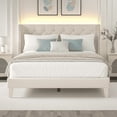thumbnail image 1 of Queen Size Upholstered Platform Bed Frame with Wingback Headboard, Diamond Tufting, and LED Lights - Wood Slat Support, No Box Spring Needed, Easy Assembly, Noise-Free, Beige, 1 of 9