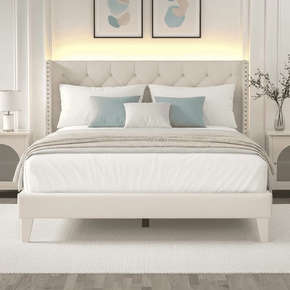 Queen Size Upholstered Platform Bed Frame with Wingback Headboard, Diamond Tufting, and LED Lights - Wood Slat Support, No Box Spring Needed, Easy Assembly, Noise-Free, Beige