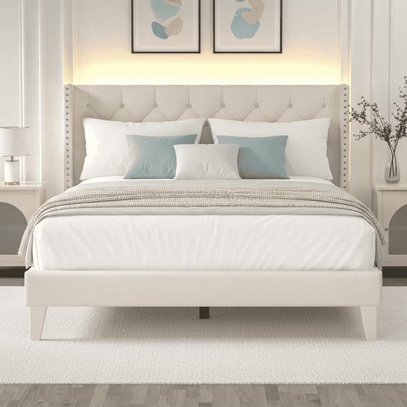Queen Size Upholstered Platform Bed Frame with Wingback Headboard, Diamond Tufting, and LED Lights - Wood Slat Support, No Box Spring Needed, Easy Assembly, Noise-Free, Beige