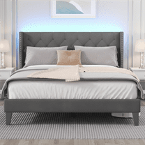 Queen Size Upholstered Platform Bed Frame with Wingback Headboard, Diamond Tufting, and LED Lights - Wood Slat Support, No Box Spring Needed, Easy Assembly, Noise-Free, Grey