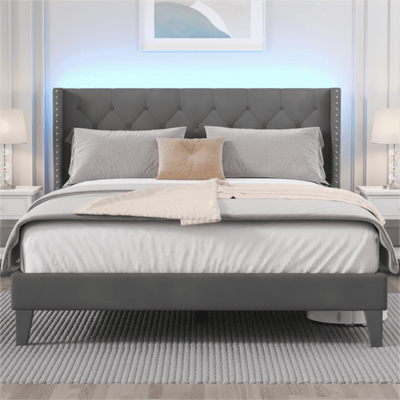Queen Size Upholstered Platform Bed Frame with Wingback Headboard, Diamond Tufting, and LED Lights - Wood Slat Support, No Box Spring Needed, Easy Assembly, Noise-Free, Grey