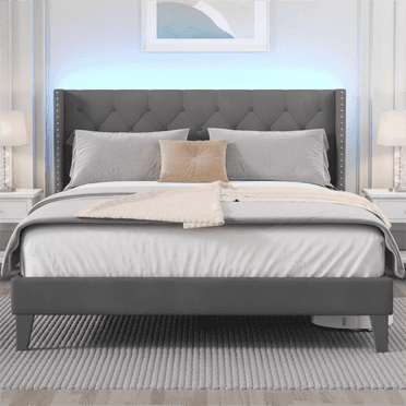 Queen Size Upholstered Platform Bed Frame with Wingback Headboard, Diamond Tufting, and LED Lights - Wood Slat Support, No Box Spring Needed, Easy Assembly, Noise-Free, Grey