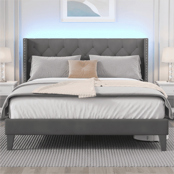 Queen Size Upholstered Platform Bed Frame with Wingback Headboard, Diamond Tufting, and LED Lights - Wood Slat Support, No Box Spring Needed, Easy Assembly, Noise-Free, Grey