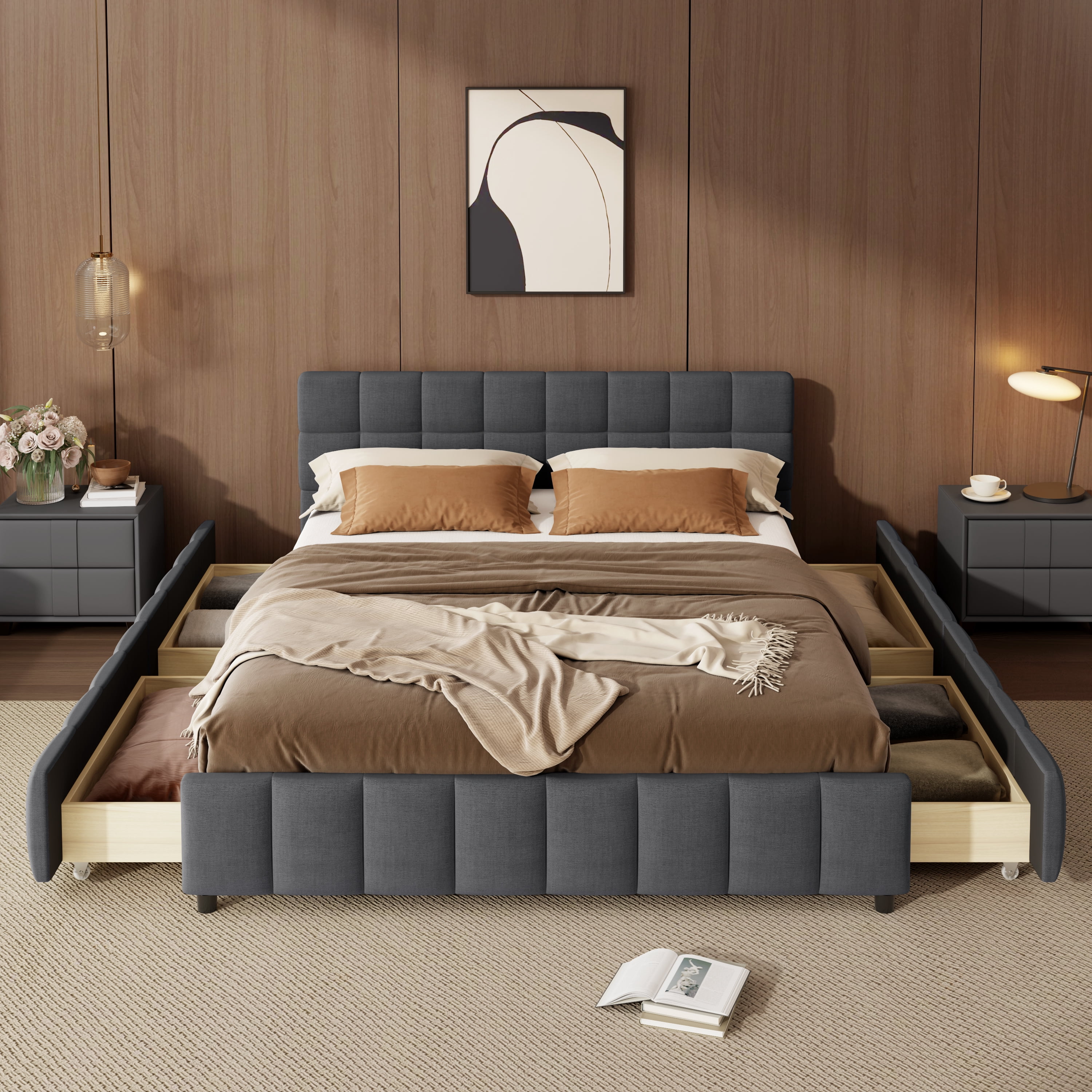 Queen Size Upholstered Platform Bed Frame with 4 Storage Drawers