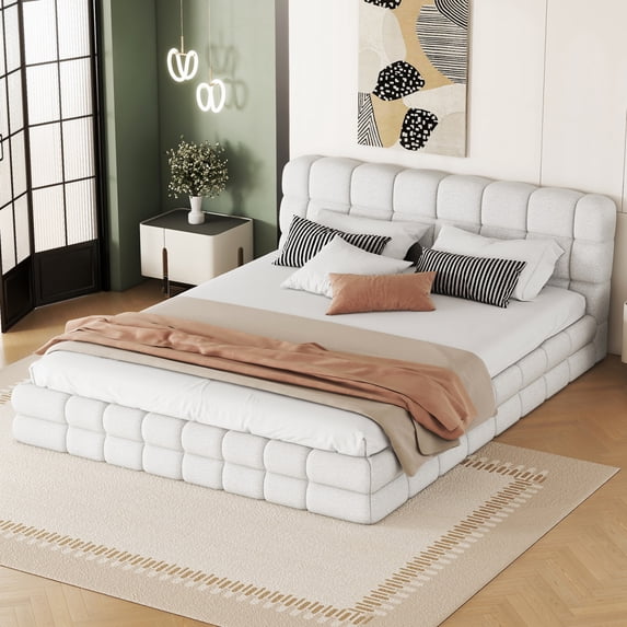 Queen Size Upholstered Platform Bed Frame with Berber Fleece Headboard Wood Slat Support Easy Assembly No Box Spring Needed, White