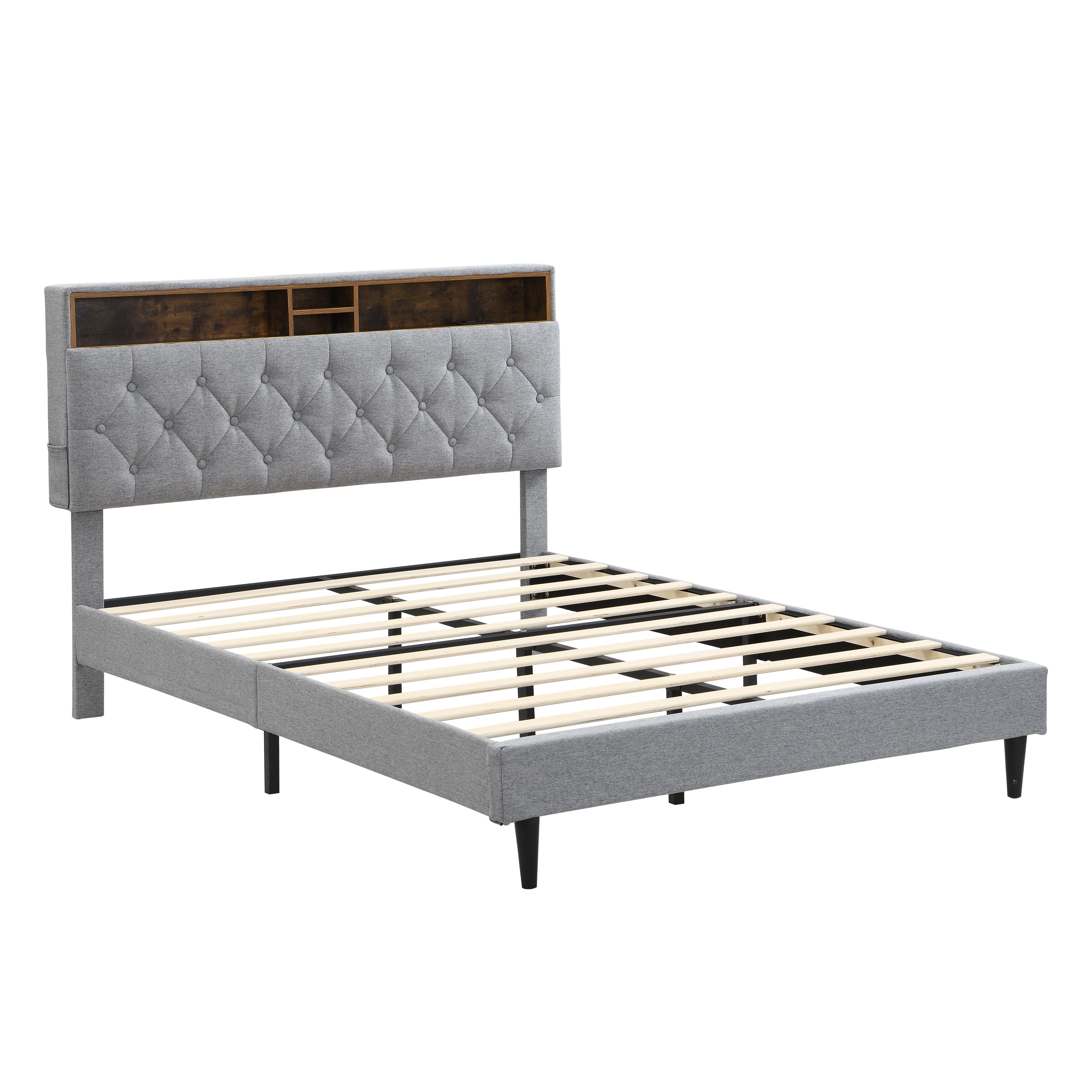 Queen Size Upholstered Platform Bed Frame with Button-Tufted Linen Fabric Headboard,Grey