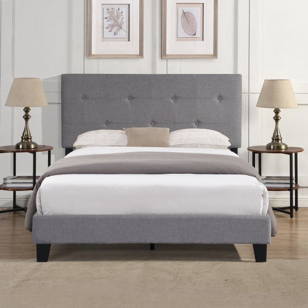Queen Size Upholstered Platform Bed Frame with Button Tufted Linen Fabric Headboard, No Box Spring Needed, Wood Slat Support, Easy Assembly, Gray