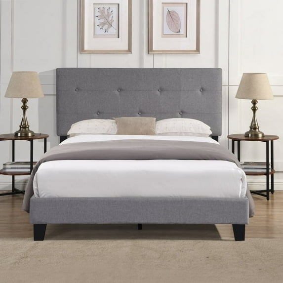 Queen Size Upholstered Platform Bed Frame with Button Tufted Linen Fabric Headboard, No Box Spring Needed, Wood Slat Support, Easy Assembly, Gray
