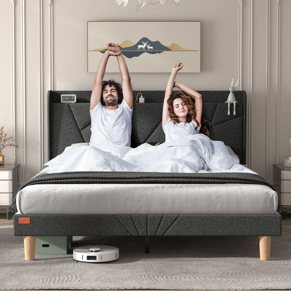 Queen Size Upholstered Platform Bed Frame with Charging Station and Wingback Storage Headboard, Dark Gray