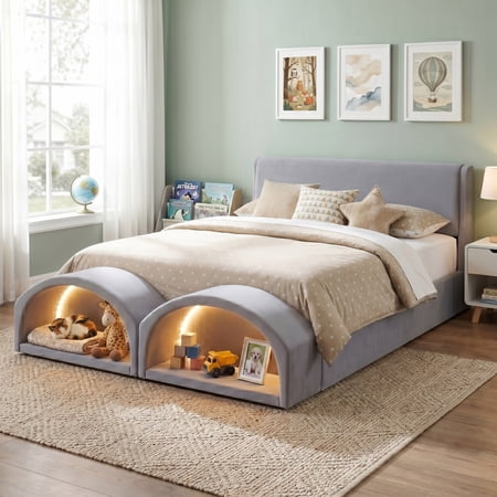 Queen Size Upholstered Platform Bed Frame with Dual Cat Caves and LED Lighted Pet Nests