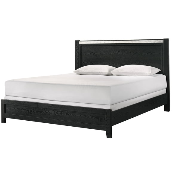 Queen Size Upholstered Platform Bed Frame with Faux Marble Headboard, Modern Black Wood Bedroom Furniture with Slatted Base, No Box Spring Needed
