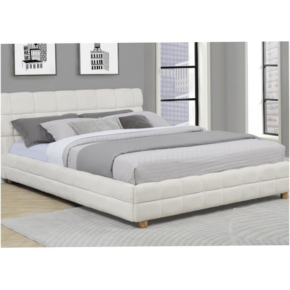 Queen Size Upholstered Platform Bed Frame with Grid Headboard, Low Profile Bed Frame with Fleece Fabric, No Box Spring Needed, Easy Assembly, White