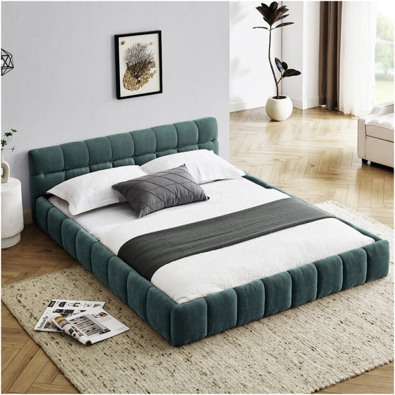 Queen Size Upholstered Platform Bed Frame with Headboard, Modern Chenille Fabric Bed, No Box Spring Needed, Blue Green