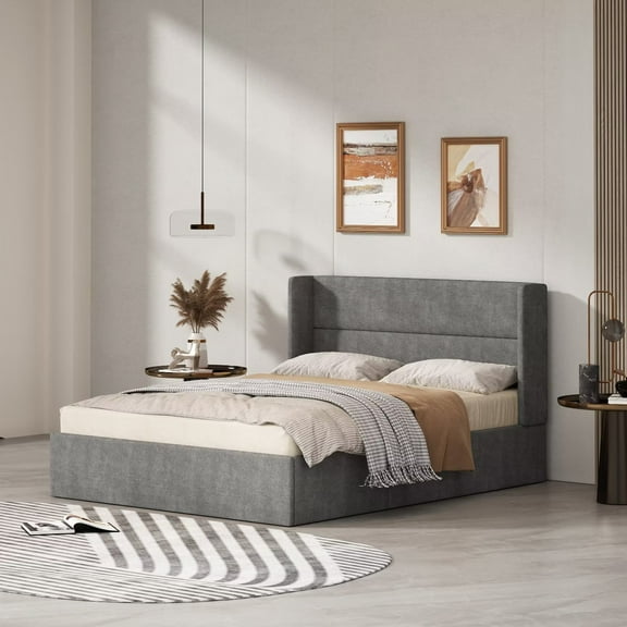 Queen Size Upholstered Platform Bed Frame with Hydraulic Gas Lift Up Storage, Wingback Headboard, Under bed Storage, Graphite Gray