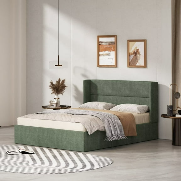 Queen Size Upholstered Platform Bed Frame with Hydraulic Gas Lift Up Storage, Wingback Headboard, Under bed Storage, Moss Green
