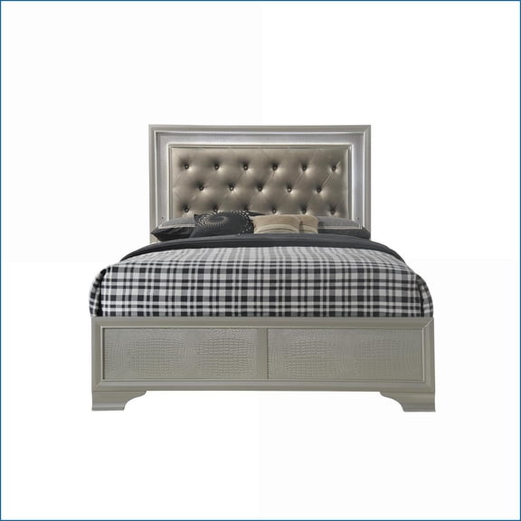Queen Size Upholstered Platform Bed Frame with LED Backlight & Crocodile Finish - Champagne Glam Bedroom