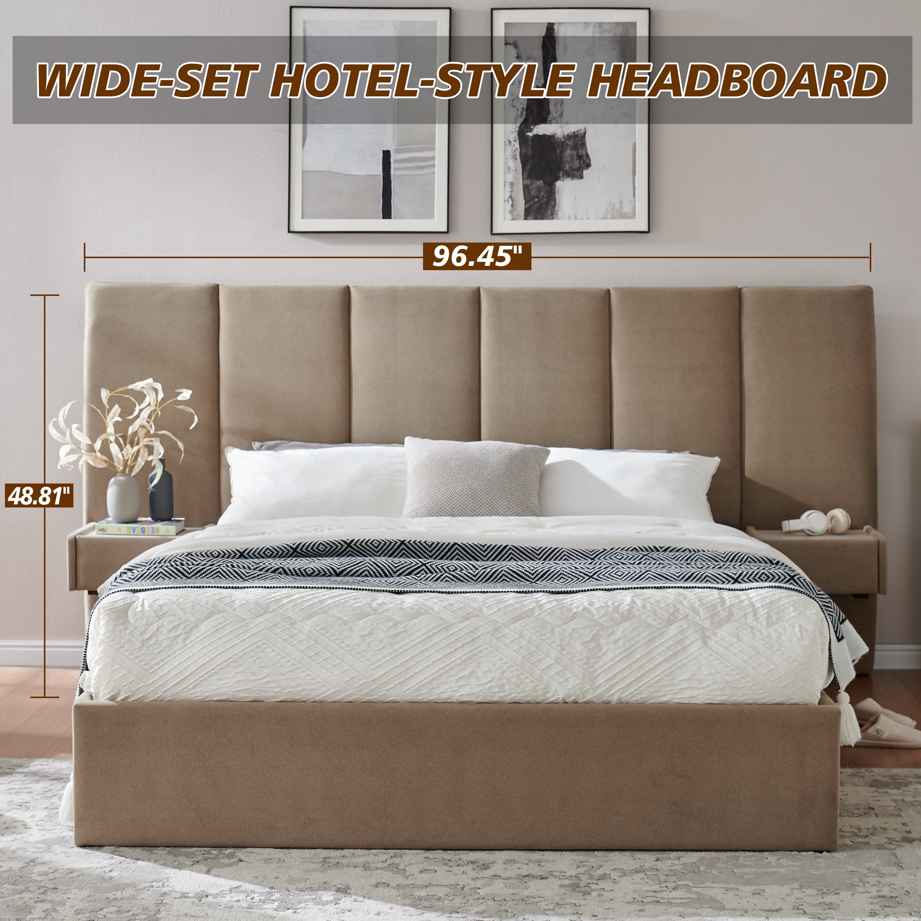 Queen Size Upholstered Platform Bed Frame with Lift up Storage, Velvet Headboard & Built-in Nightstands, No Box Spring Needed, Brown