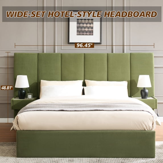 Queen Size Upholstered Platform Bed Frame with Lift up Storage, Velvet Headboard & Built-in Nightstands, No Box Spring Needed, Green