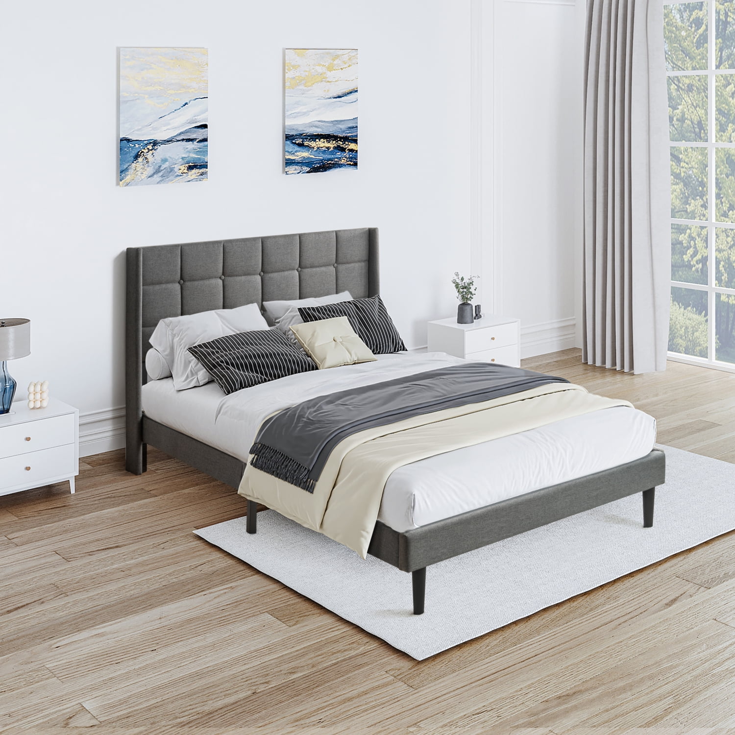 Queen Size Upholstered Platform Bed Frame with Modern Button Tufted Linen Headboard
