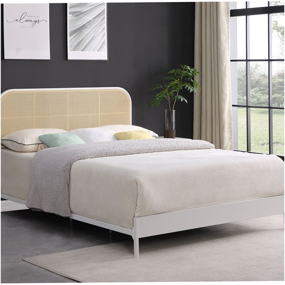 Queen Size Upholstered Platform Bed Frame with Rattan Headboard, Coastal White Modern Bed for Bedroom