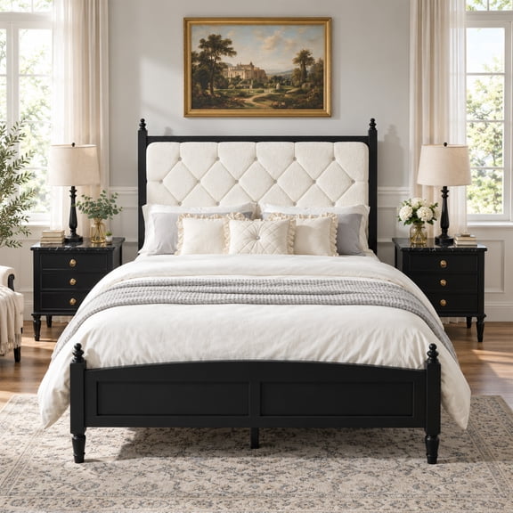 Queen Size Upholstered Platform Bed Frame with Soft Padded Headboard, Noise-Free Metal Support, Easy Assembly