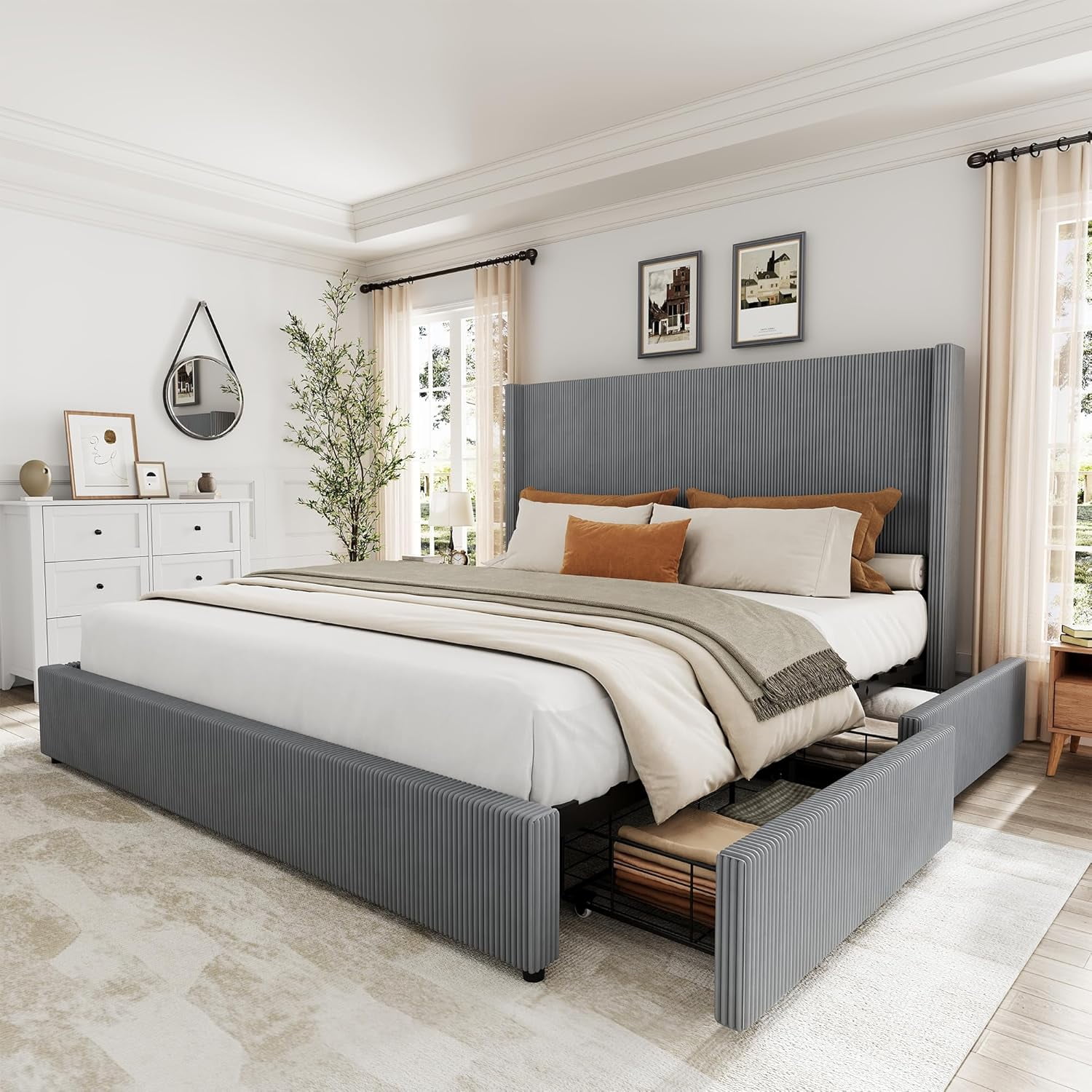Queen Size Upholstered Platform Bed Frame with Storage Drawers, Corduroy Wingback with Tufted Headboard and Footboard, No Box Spring Needed, Grey