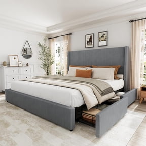 Queen Size Upholstered Platform Bed Frame with Storage Drawers, Corduroy Wingback with Tufted Headboard and Footboard, No Box Spring Needed, Grey