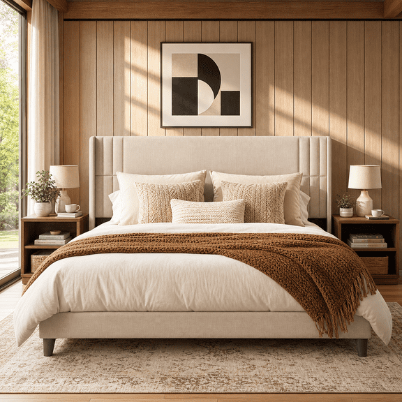 Queen Size Upholstered Platform Bed Frame with Wingback Headboard, Beige Fabric Bed Frame with Wooden Slats, Noise-Free & No Box Spring Needed