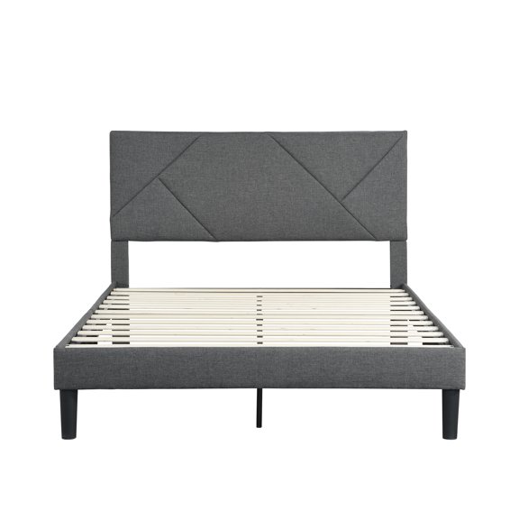 Queen Size Upholstered Platform Bed Frame with Wood Slat Support in Grey for Easy Assembly