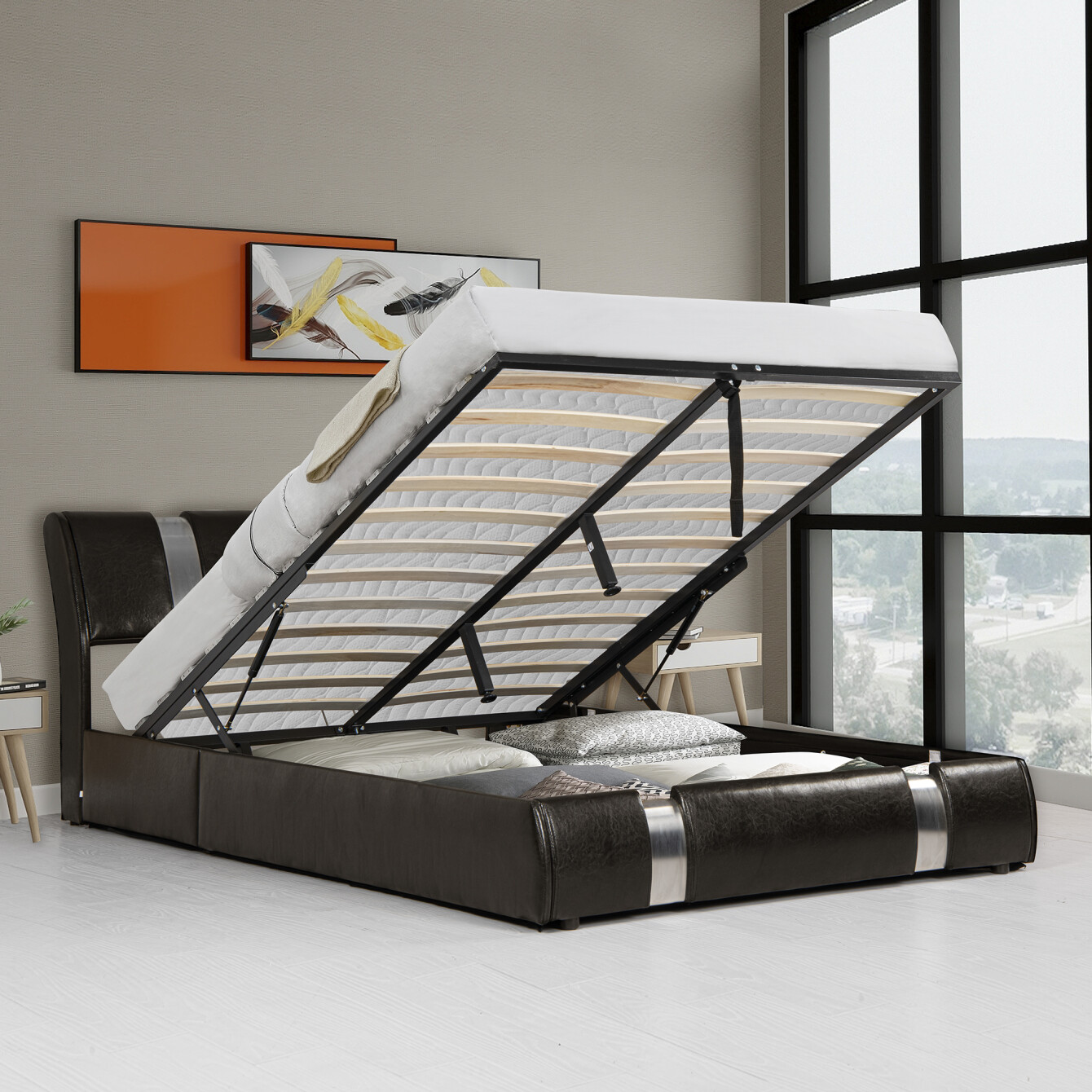 Queen Size Upholstered Platform Bed with Hydraulic Storage System, PU ...