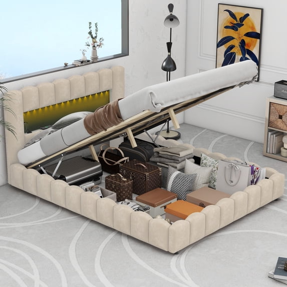 Queen Size Upholstered Platform Bed with LED Headboard and USB, Linen Fabric Upholstered Platform Bed Frame with Large Underneath Storage(Beige, Queen)