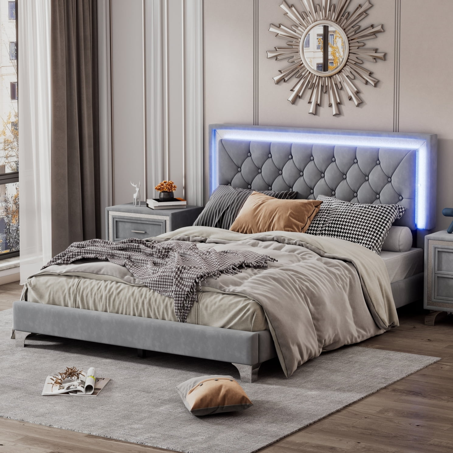Queen Size Upholstered Platform Bed with LED Lights, Modern Velvet ...