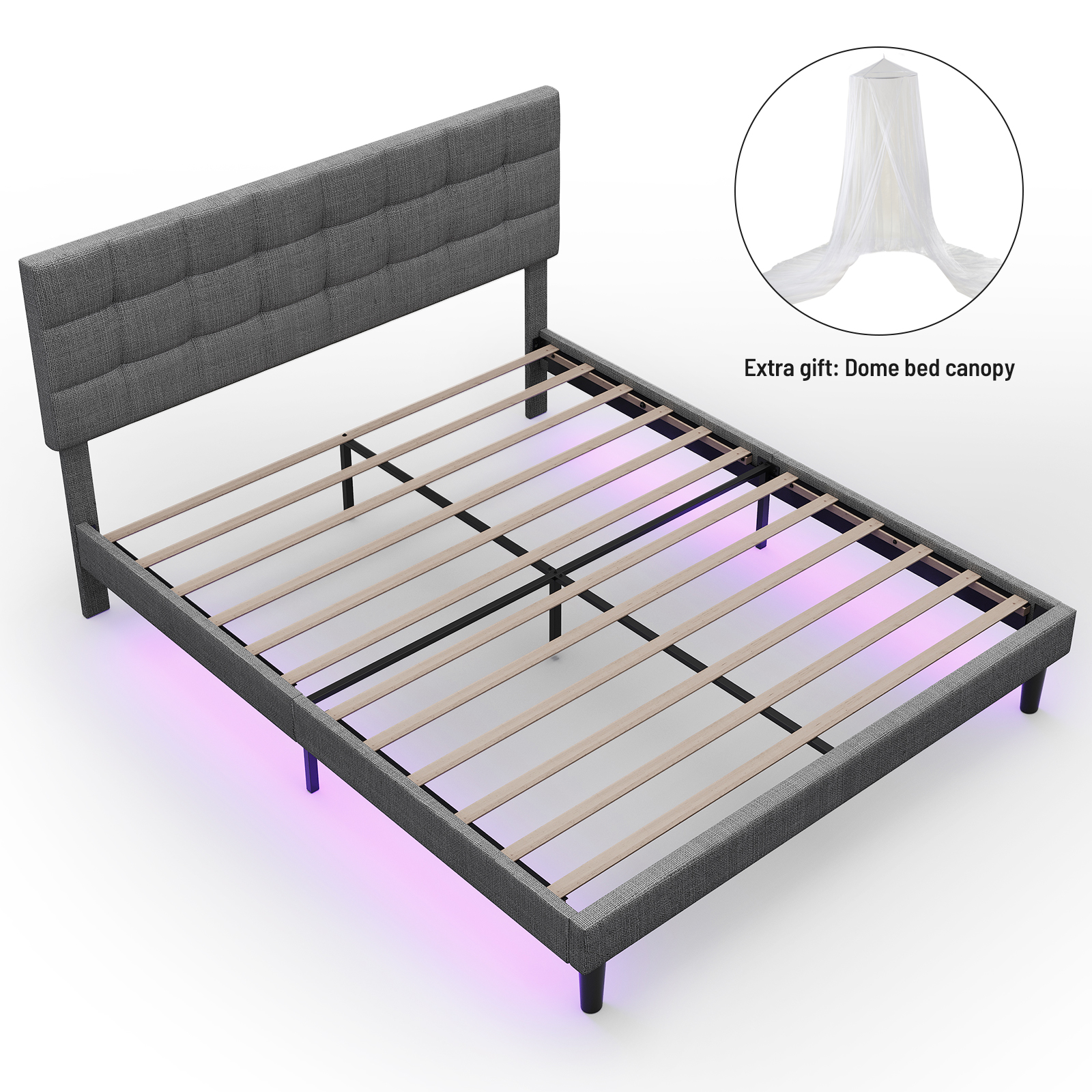Queen Size Upholstered Platform Bed Linen Bed Frame with Lights Square