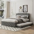 thumbnail image 1 of Queen Size Upholstered Platform Bed,Platform Bed Frame with Twin Size Trundle and 2 sets of USB Ports on Each Side,Linen Fabric,Gray, 1 of 7