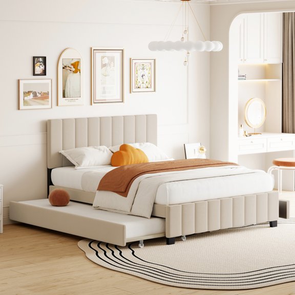Queen Size Upholstered Platform Bed / Stable Support and Comfy Velvet Backrest