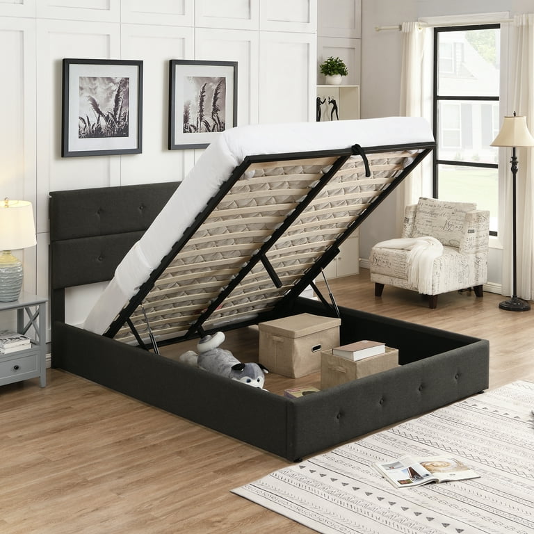 Queen Size Upholstered Platform Bed with Storage Heavy Duty Queen Storage Bed with Headboard and Gas Lift Up Storage 24 Strong Wooden Slats Support
