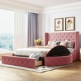 thumbnail image 1 of Queen Size Upholstered Platform Bed, Storage Velvet Bed Frame with Wingback Headboard,1 Big Drawer and 2 Side Storage Stool,Modern Comfy Tufted Bed for Bedroom Guestroom,Pink, 1 of 9